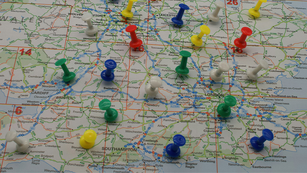 UK map with pins